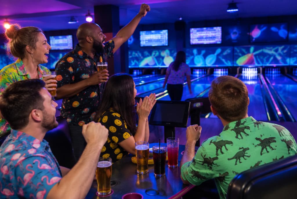 Friends in bright patterned shirts cheering with drinks at a neon-lit bowling alley
